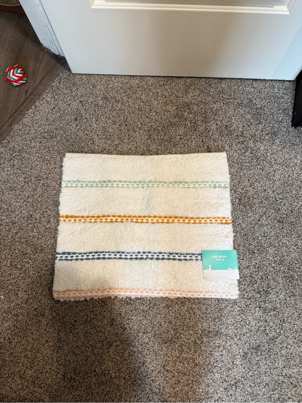 Pillowfort Cream Bath Mat with Green, Mustard, Blue, and Peach Stripes